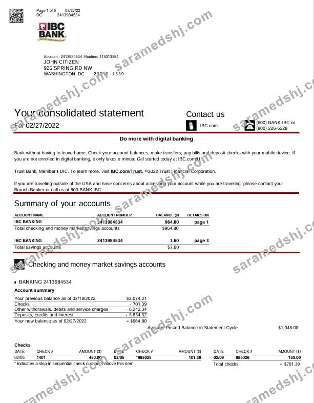 USA Texas IBC bank statement Word and PDF template, 5 pages